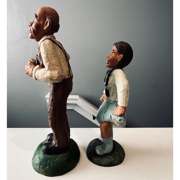 Signed Folk Art Wood Figures Pair Man and Girl Hand Carved J. Schmidt - Picture 5 of 8